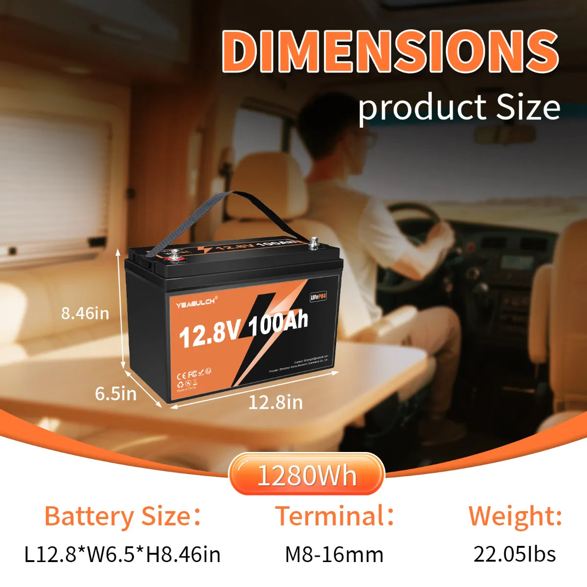 Yeagulch 12V 100Ah Deep Cycle Rechargeable LiFePO4 Battery