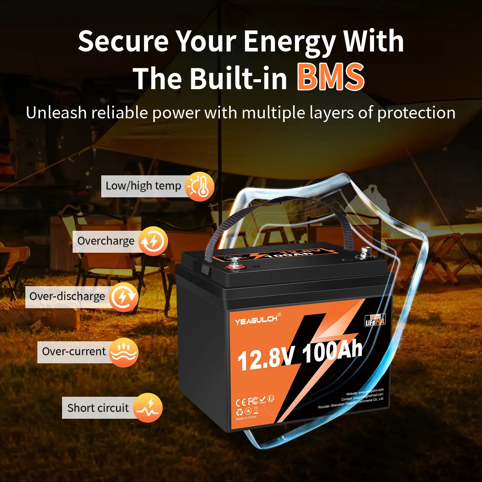 Yeagulch 12V 100Ah Mini  Max Deep Cycle Rechargeable LiFePO4 Battery for RV Camping Solar Off-Grid