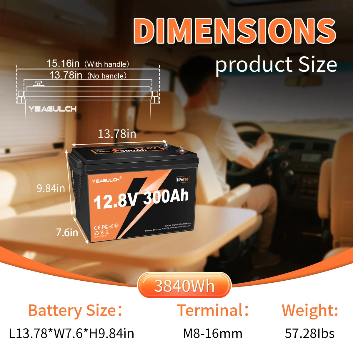 LiFePO4 Battery Yeagulch 12V 300Ah Deep Cycle Rechargeable for RV