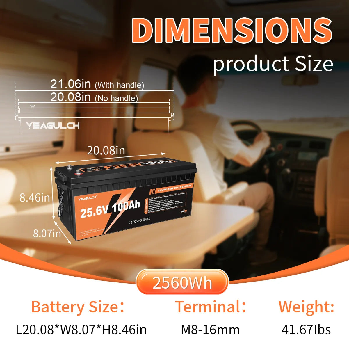 LiFePO4  Battery for RV  Deep Cycle Yeagulch Rechargeable 24V 100Ah