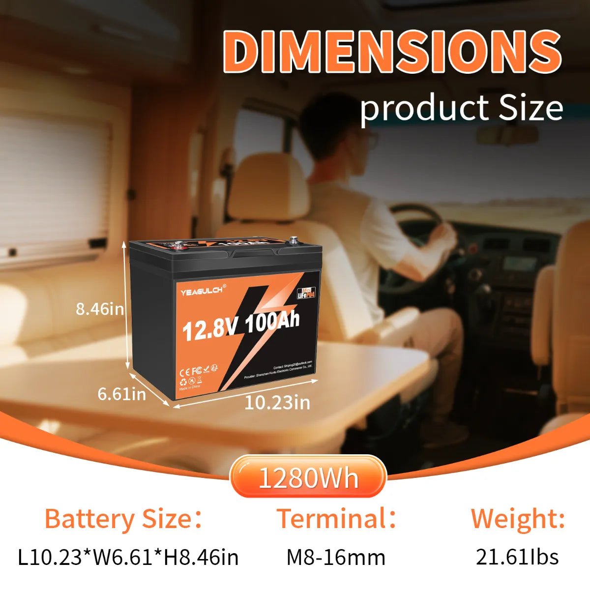 Yeagulch   12V 100Ah Mini Deep Cycle Rechargeable LiFePO4 Battery for RV Camping