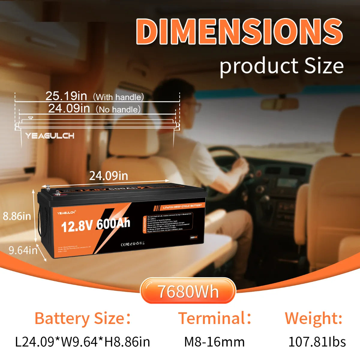 Yeagulch 12V 600Ah Deep Cycle Rechargeable LiFePO4 Battery for